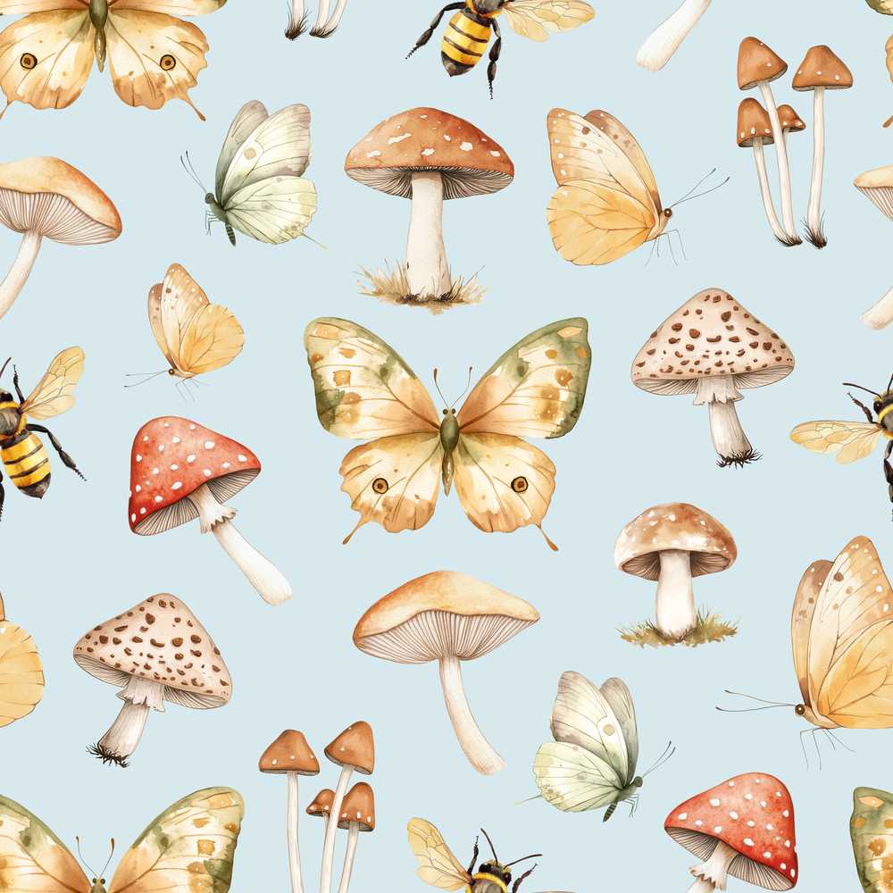 Vintage Butterflies Bees Mushrooms Nature Soft Blue Background
