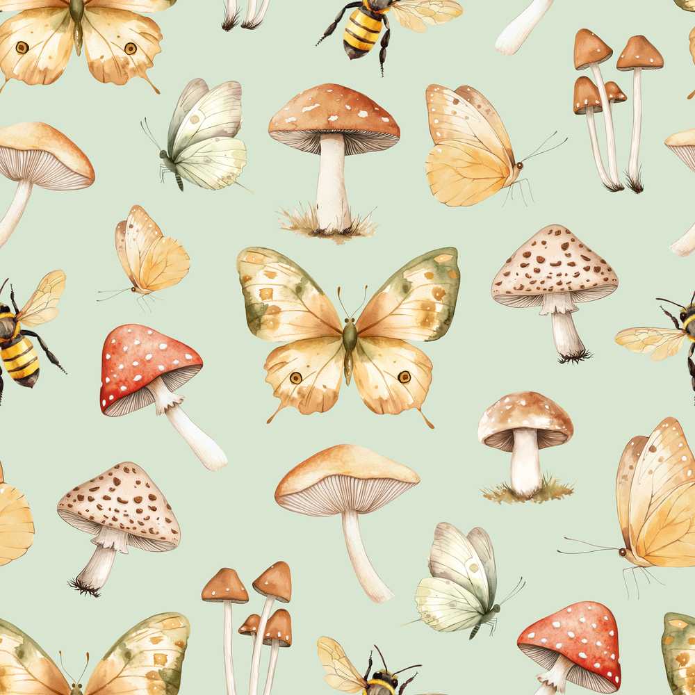 Vintage Butterflies Bees Mushrooms Nature Mint Green Decorative