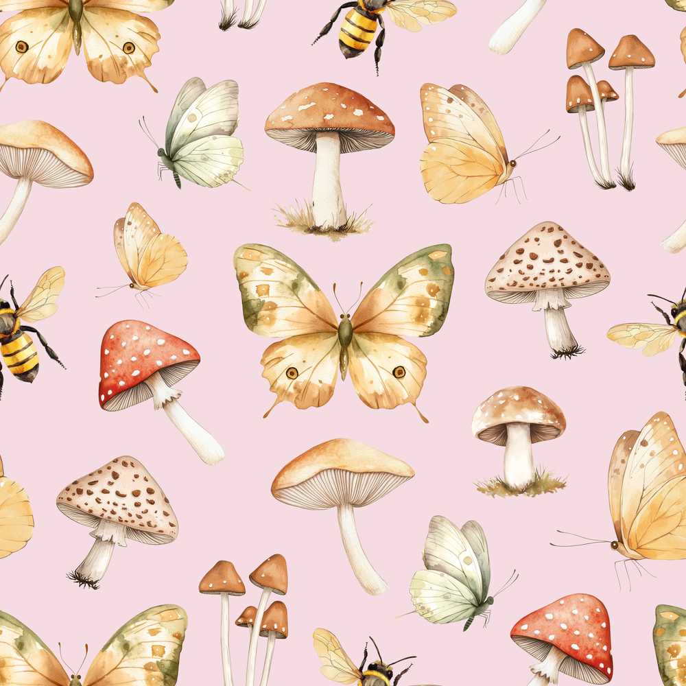 Vintage Butterflies Bees Mushrooms Nature Blush Pink Decorative