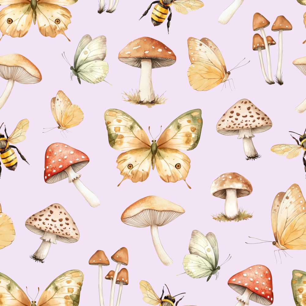 Vintage Butterflies Bees Mushrooms Nature Soft Lilac Decorative