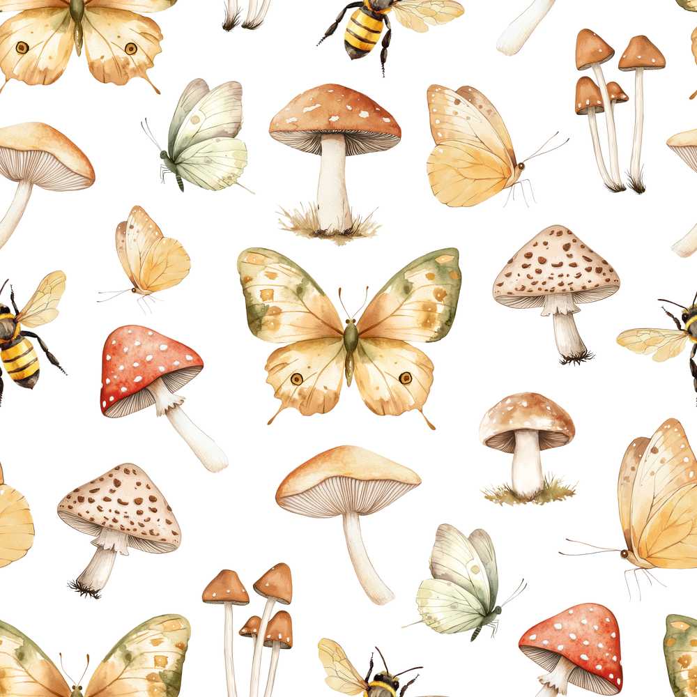 Vintage Butterflies Bees Mushrooms Nature Light Grey Decorative