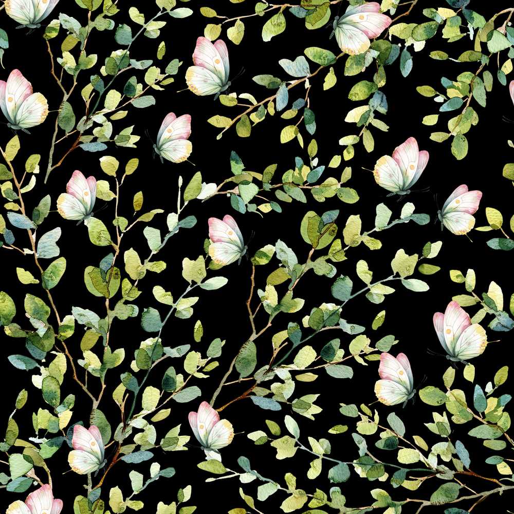 Watercolor Butterflies Green Leaves Branches Black Background Wildflower Pattern
