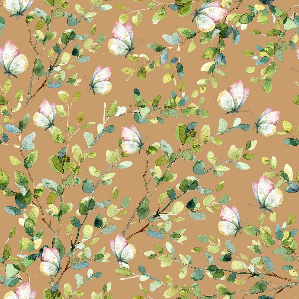 Watercolor Butterflies Green Leaves Branches Warm Brown Wildflower Pattern
