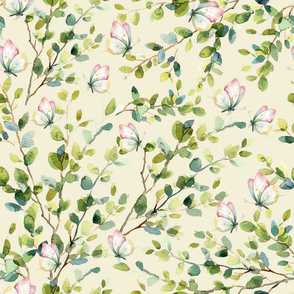Watercolor Butterflies Green Leaves Branches Soft Cream Wildflower Pattern