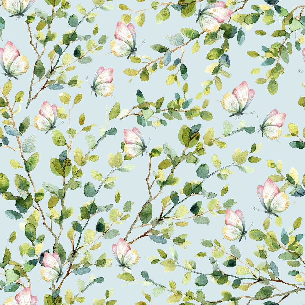 Watercolor Butterflies Green Leaves Branches Light Blue Wildflower Pattern