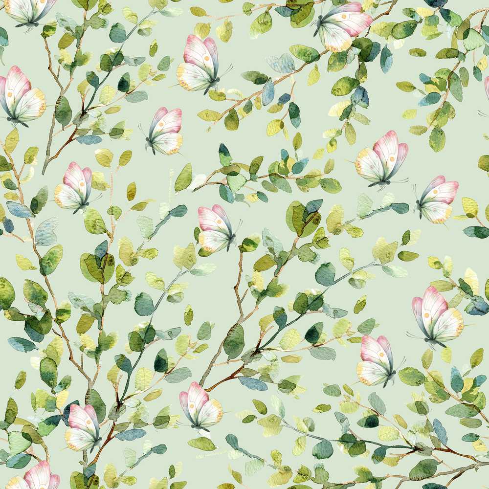 Watercolor Butterflies Green Leaves Branches Soft Sage Wildflower Pattern