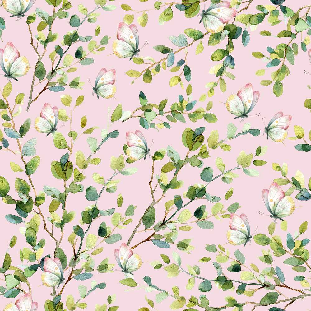 Watercolor Butterflies Green Leaves Branches Soft Pink Wildflower Pattern
