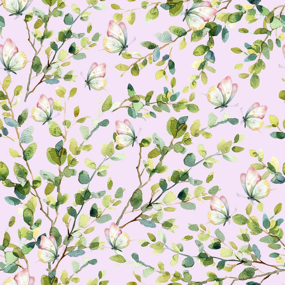Watercolor Butterflies Green Leaves Branches Light Lilac Wildflower Pattern