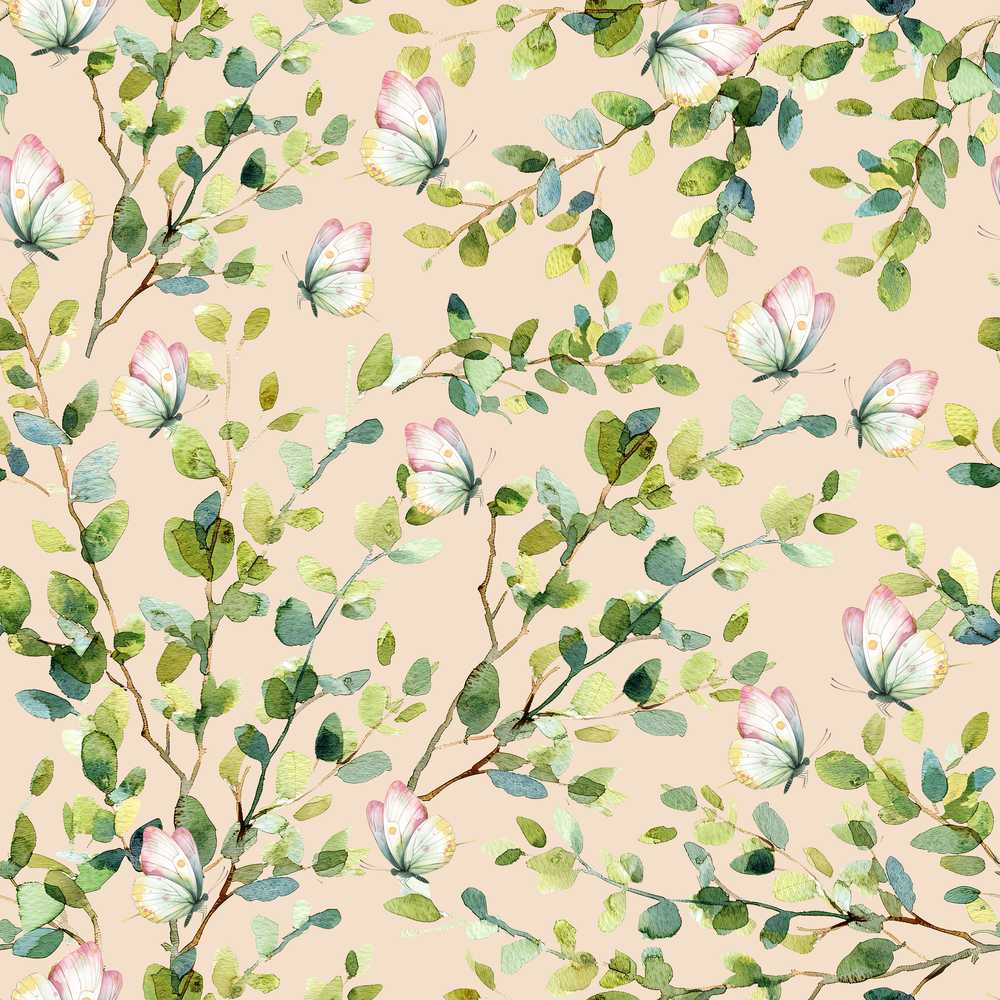 Watercolor Butterflies Green Leaves Branches Warm Beige Wildflower Pattern