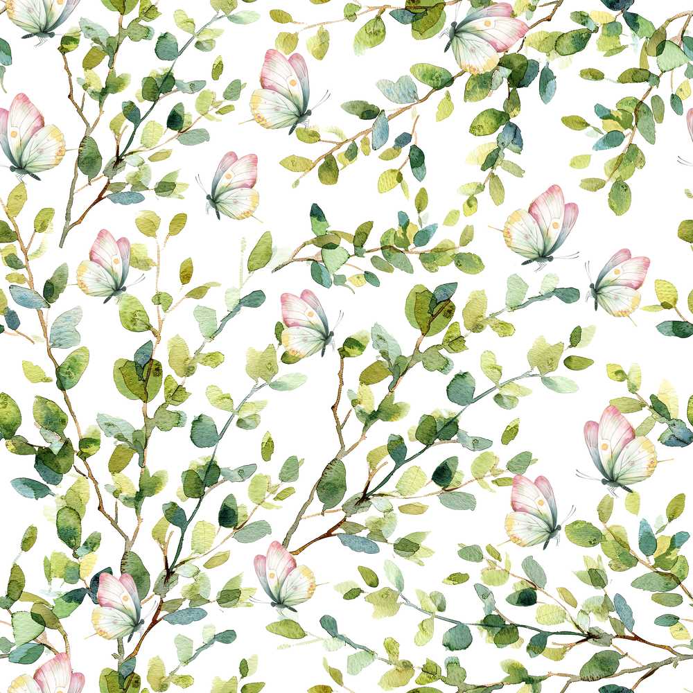 Watercolor Butterflies Green Leaves Branches Soft Grey Wildflower Pattern
