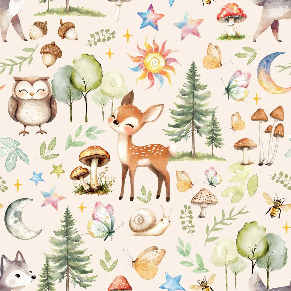 Watercolor Forest Animals Deer Owl Mushrooms Stars Warm Beige