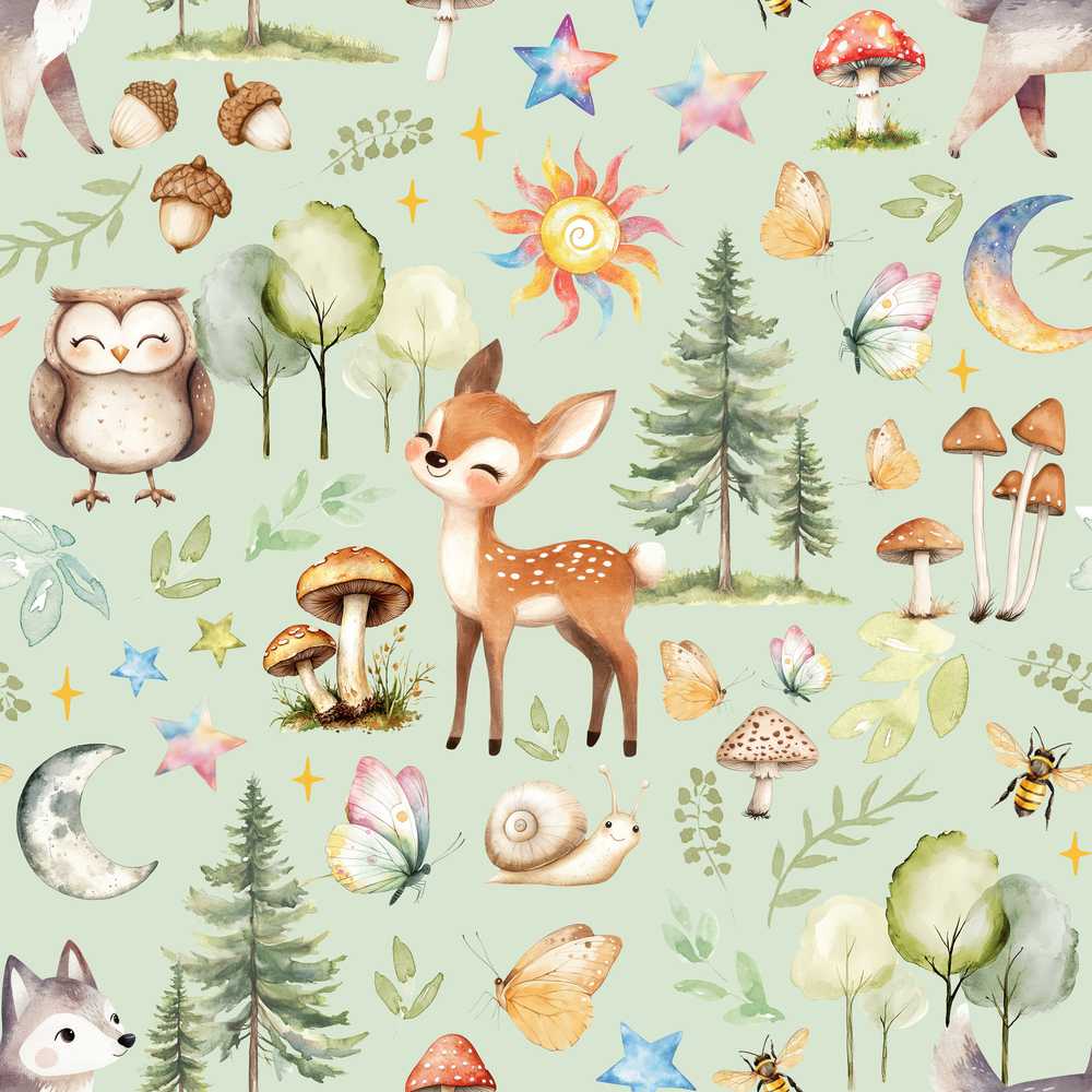 Watercolor Forest Animals Deer Owl Mushrooms Stars Sage Green