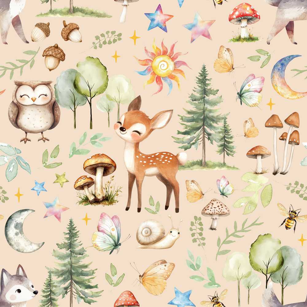 Watercolor Forest Animal Deer Owl Mushrooms Stars Light Peach