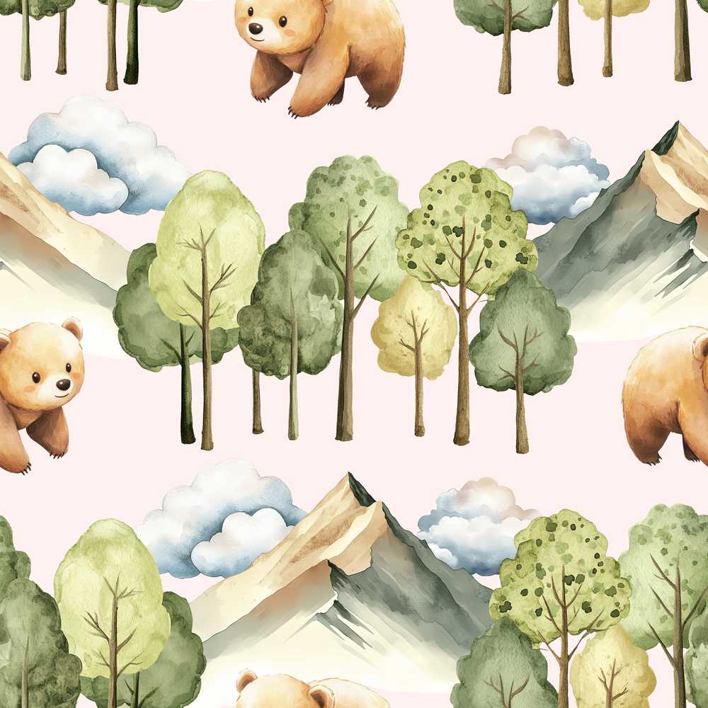 Watercolor Woodland Bears Trees Mountains Soft Pink Background