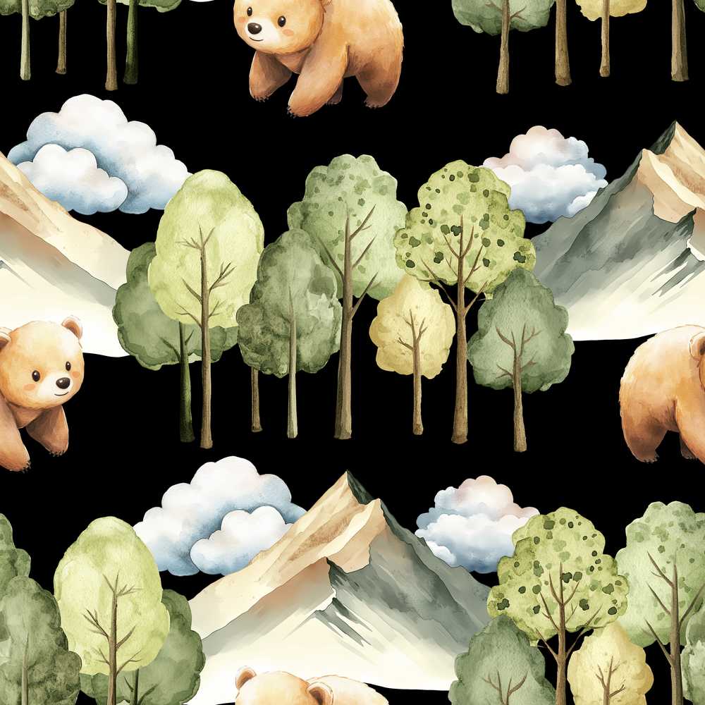 Watercolor Woodland Bear Trees Mountains Black Background Illustration