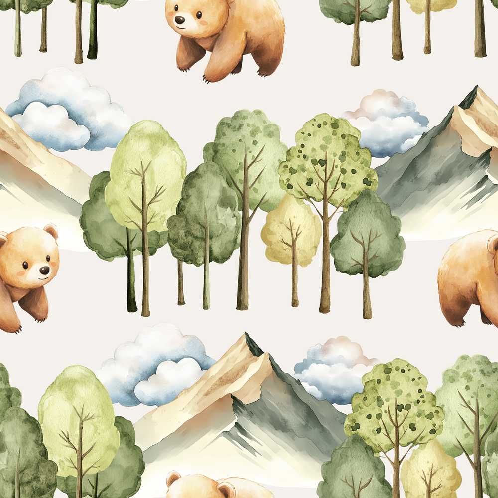 Watercolor Woodland Bear Trees Mountains Light Grey Background