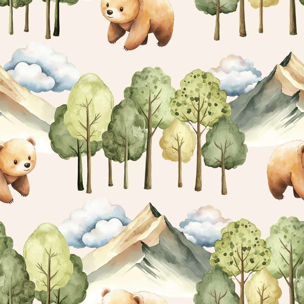 Watercolor Woodland Bear Trees Mountains Warm Taupe Background