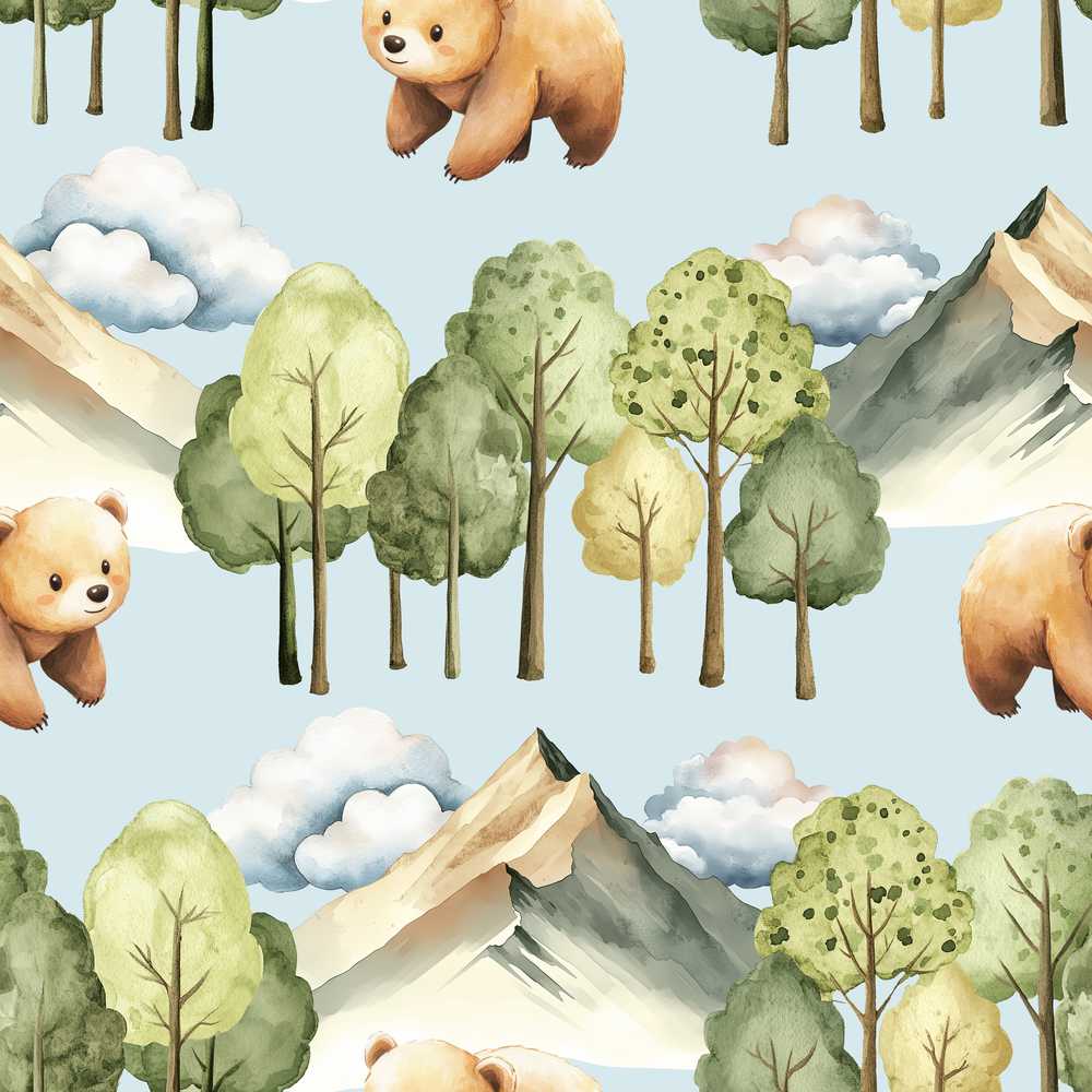 Watercolor Woodland Bear Trees Mountains Soft Blue Background