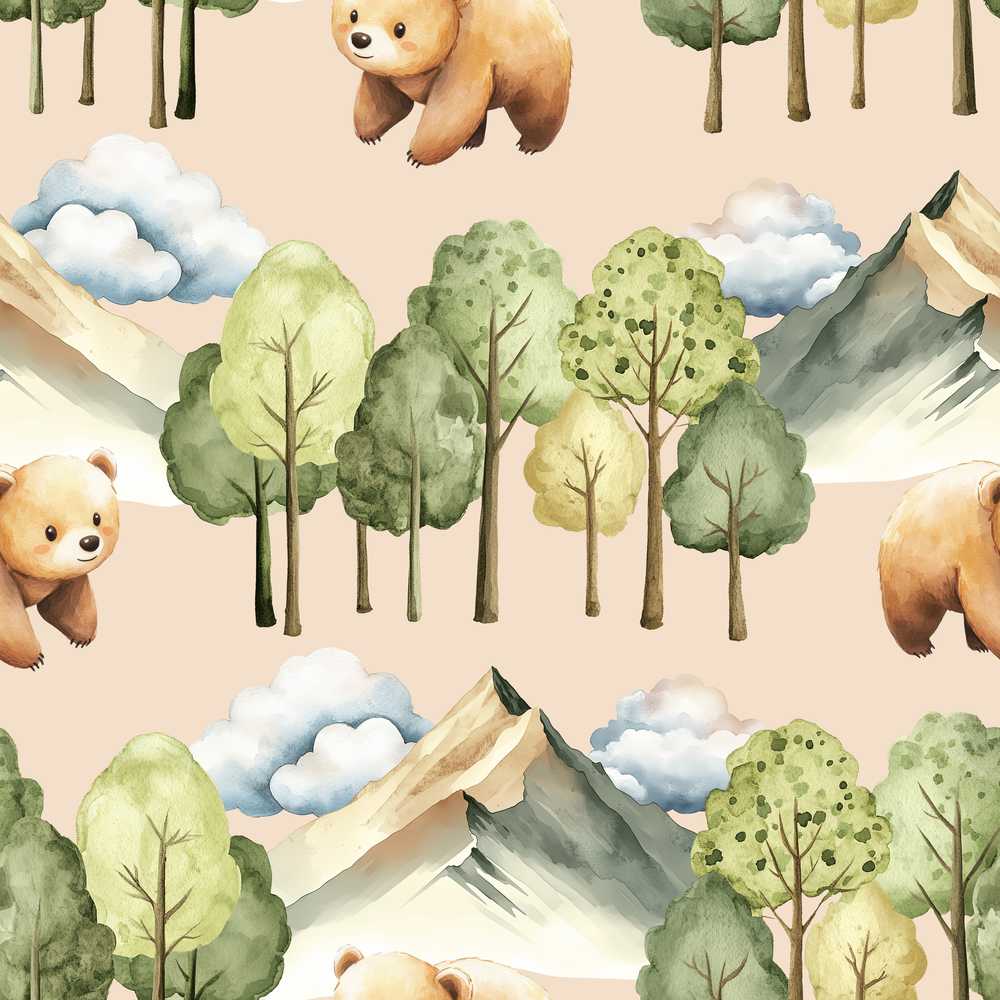 Watercolor Woodland Bear Trees Mountains Light Peach Illustration