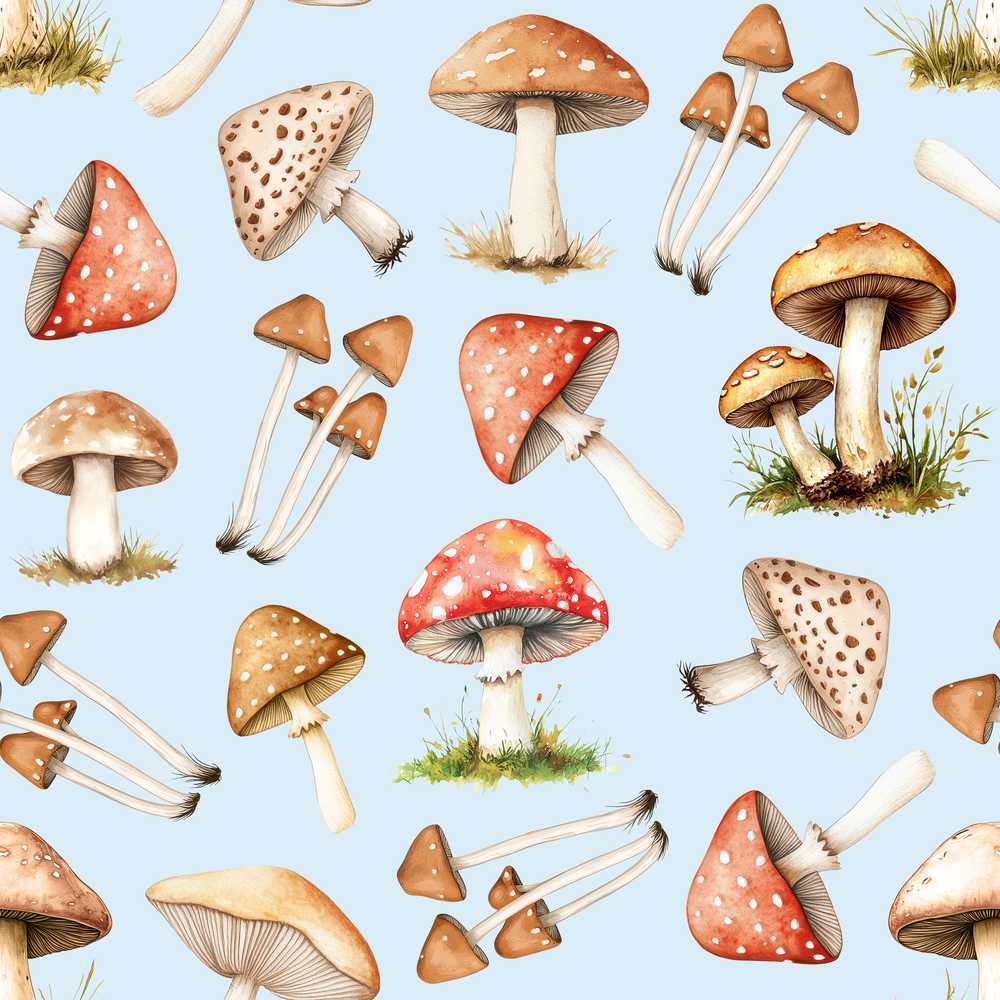 Watercolor Forest Mushrooms Toadstools Soft Blue Background Decorative