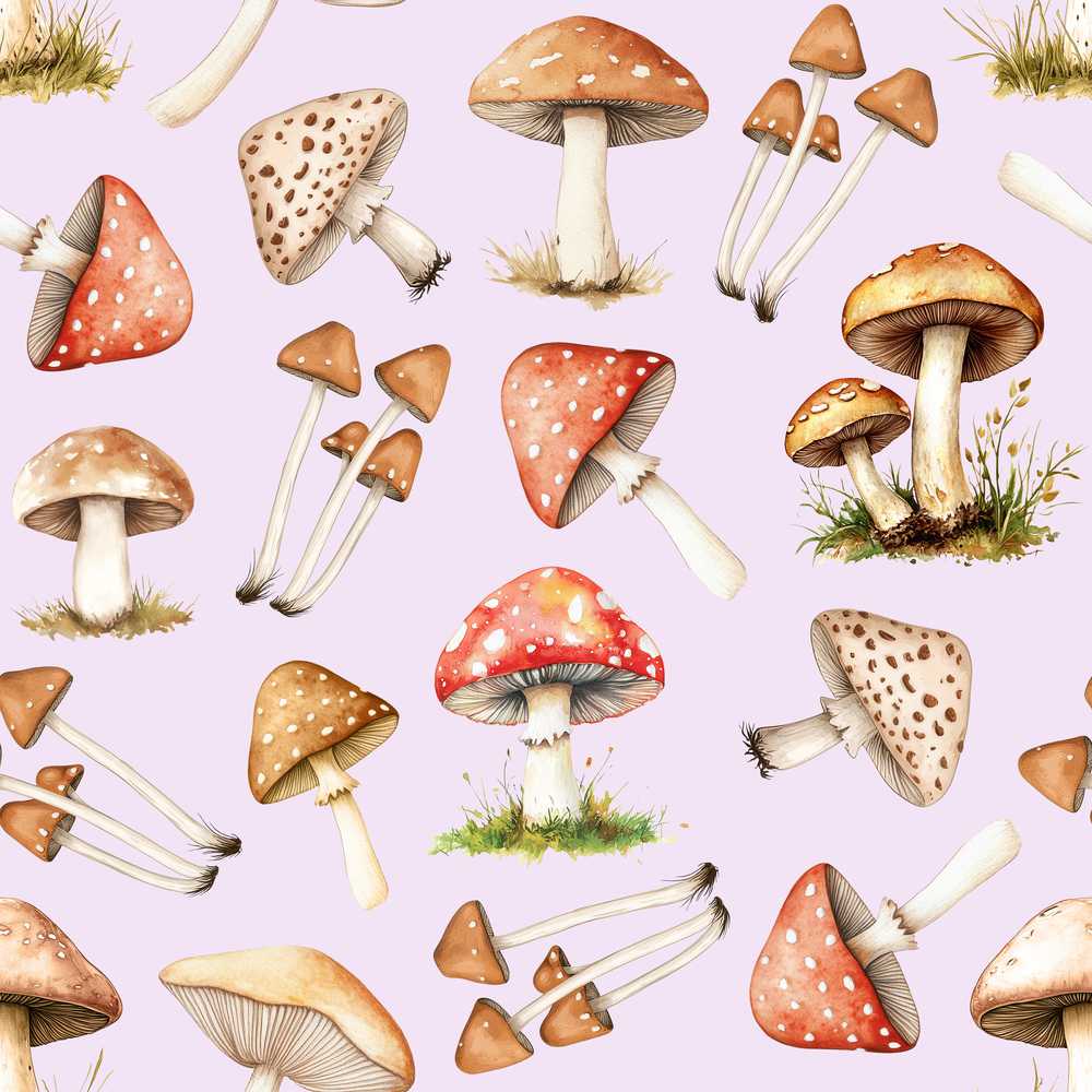 Watercolor Forest Mushrooms Toadstools Soft Lilac Background Decorative
