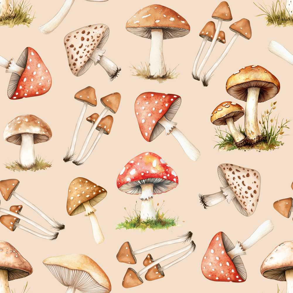 Watercolor Forest Mushrooms Toadstools Warm Beige Background Decorative