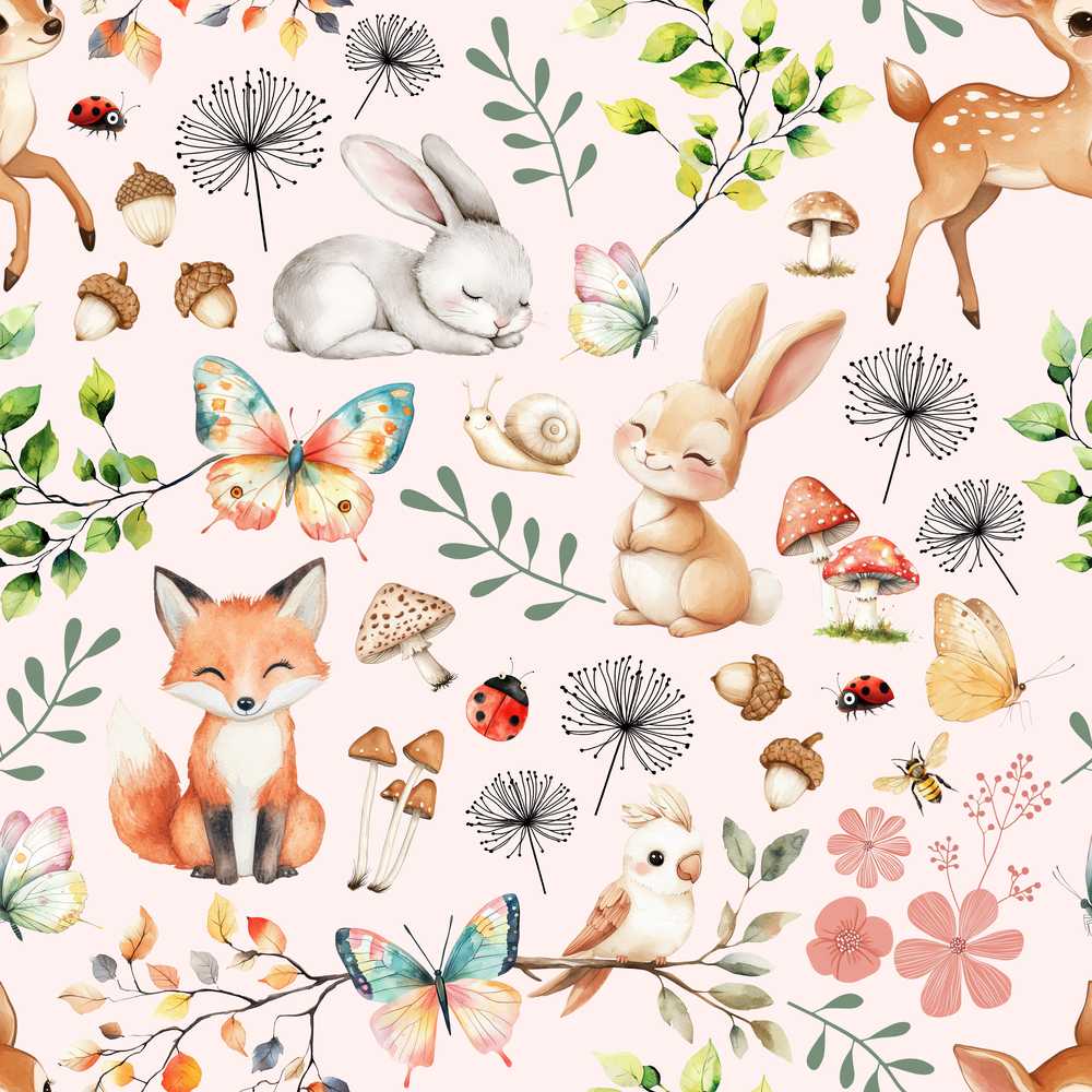 Woodland Animals Rabbit Fox Butterfly Blush Pink Illustration