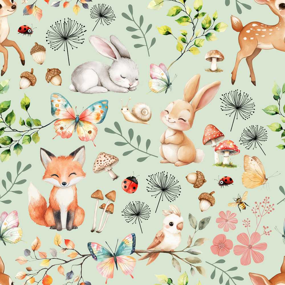 Cute Woodland Animals Rabbit Fox Butterfly Sage Background