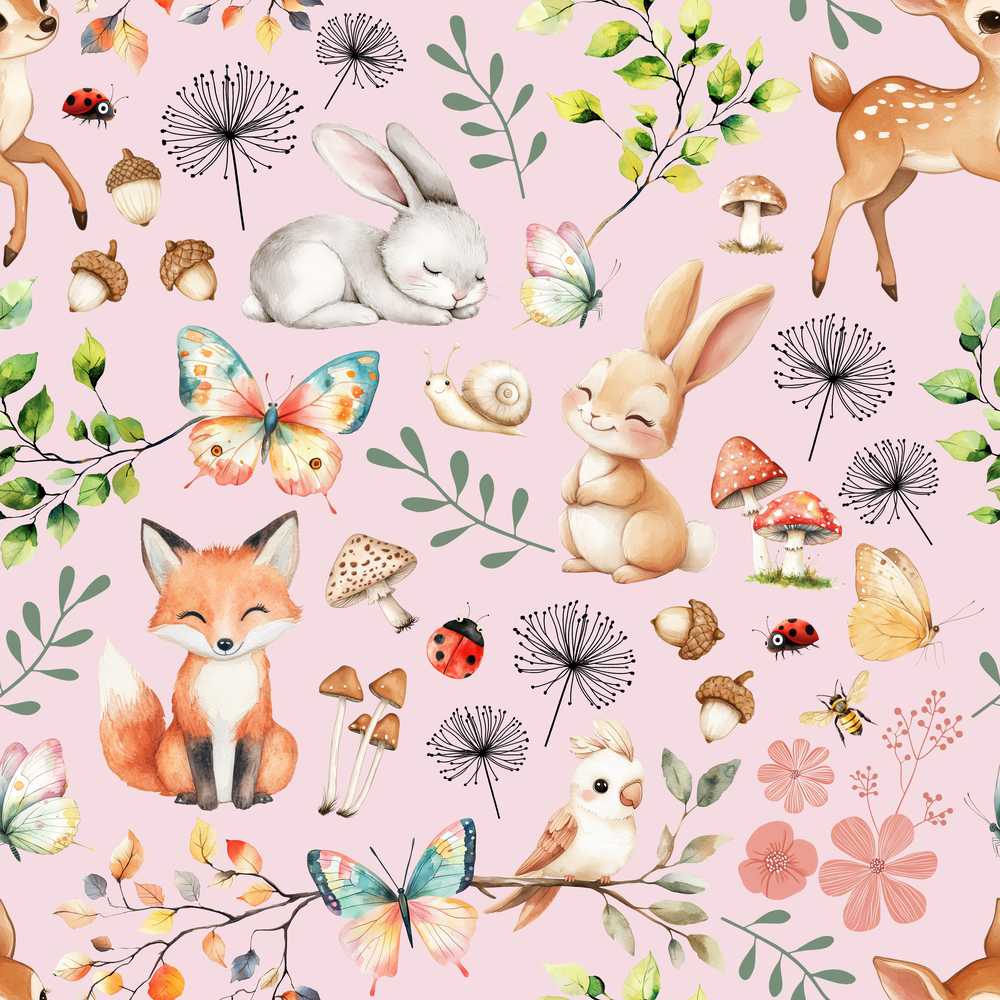 Woodland Animals Rabbit Fox Butterfly Soft Pink Illustration