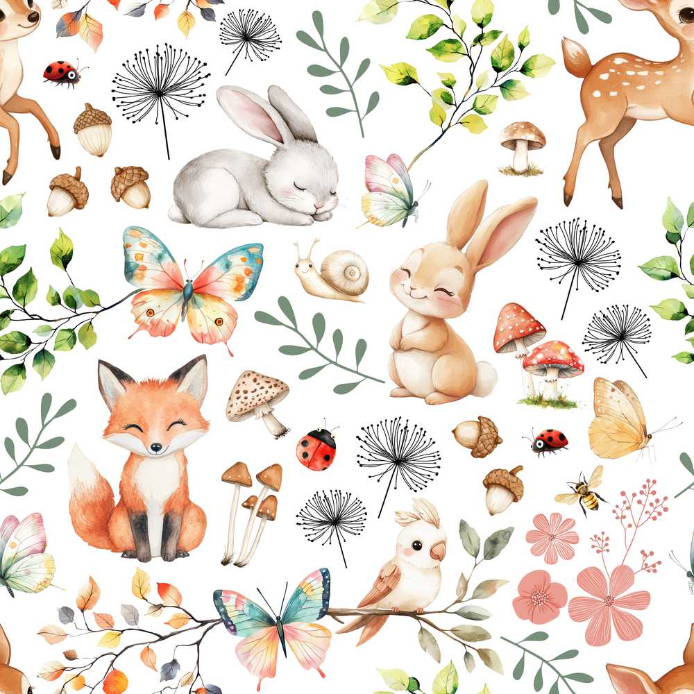 Cute Woodland Animals Rabbit Fox Butterfly Grey Background