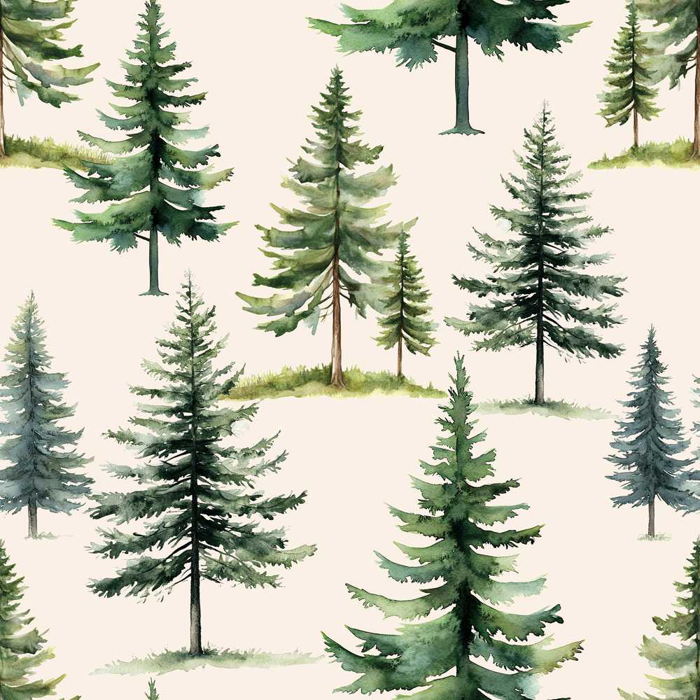 Watercolor Pine Tree Forest Light Cream Background Decorative