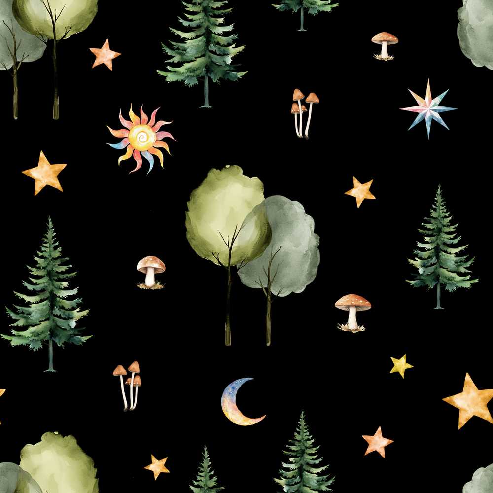 Watercolor Forest Trees Mushrooms Sun Moon Stars Dark