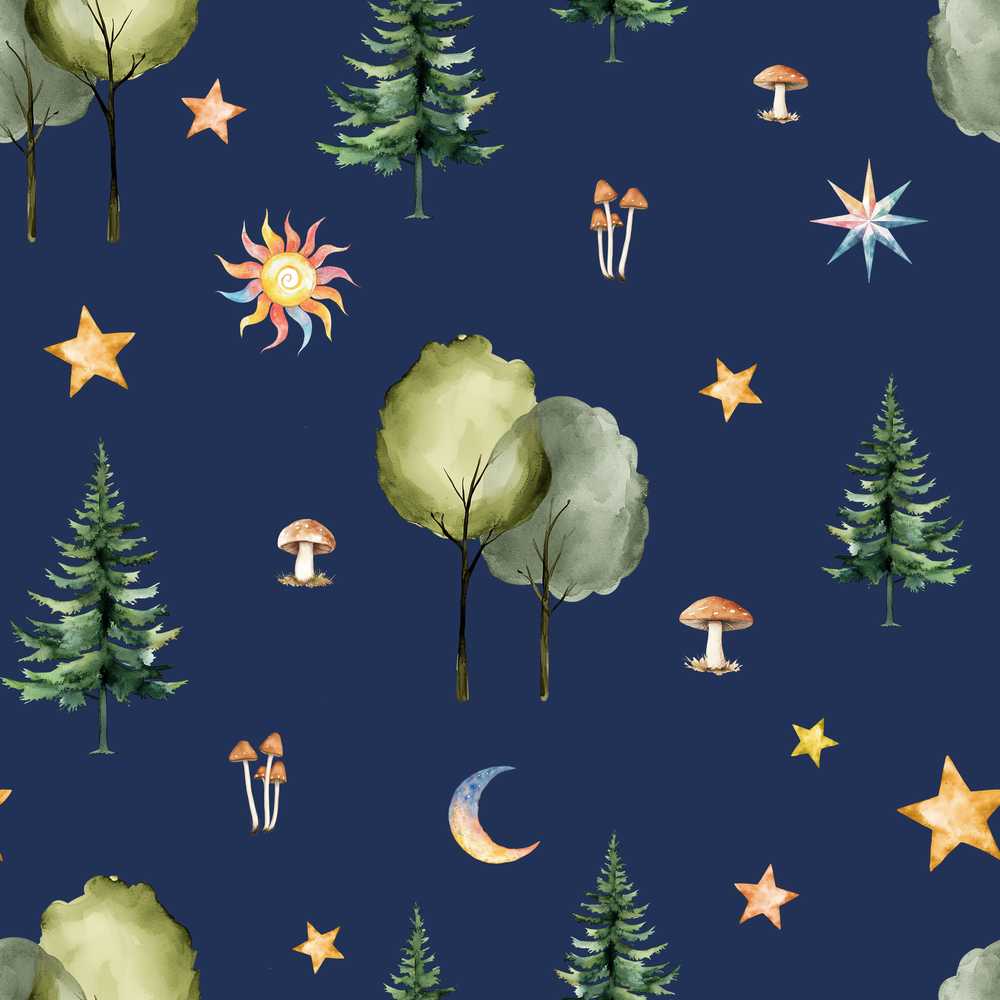 Watercolor Forest Trees Mushrooms Sun Moon Stars Navy