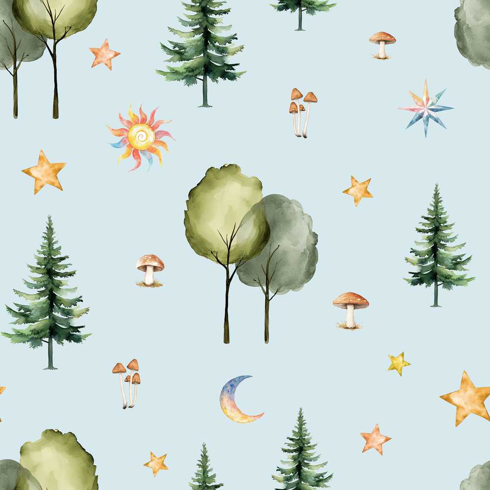 Watercolor Forest Trees Mushrooms Sun Moon Stars Light Blue