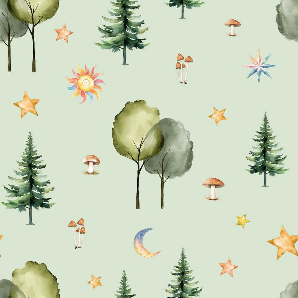 Watercolor Forest Trees Mushrooms Sun Moon Stars Sage