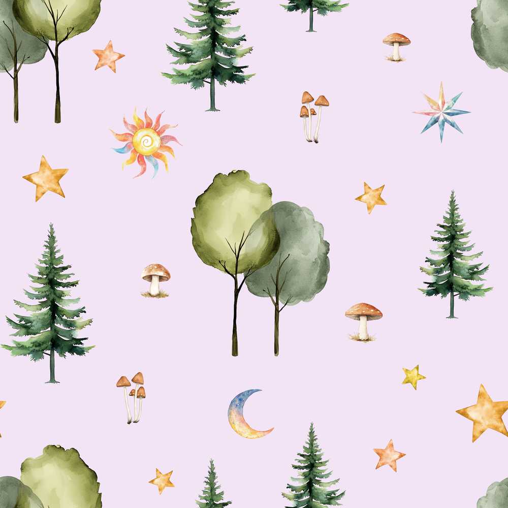 Watercolor Forest Trees Mushrooms Sun Moon Stars Lilac