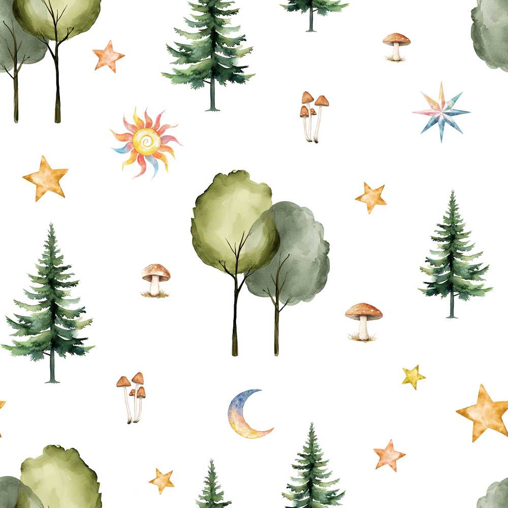 Watercolor Forest Trees Mushrooms Sun Moon Stars Grey