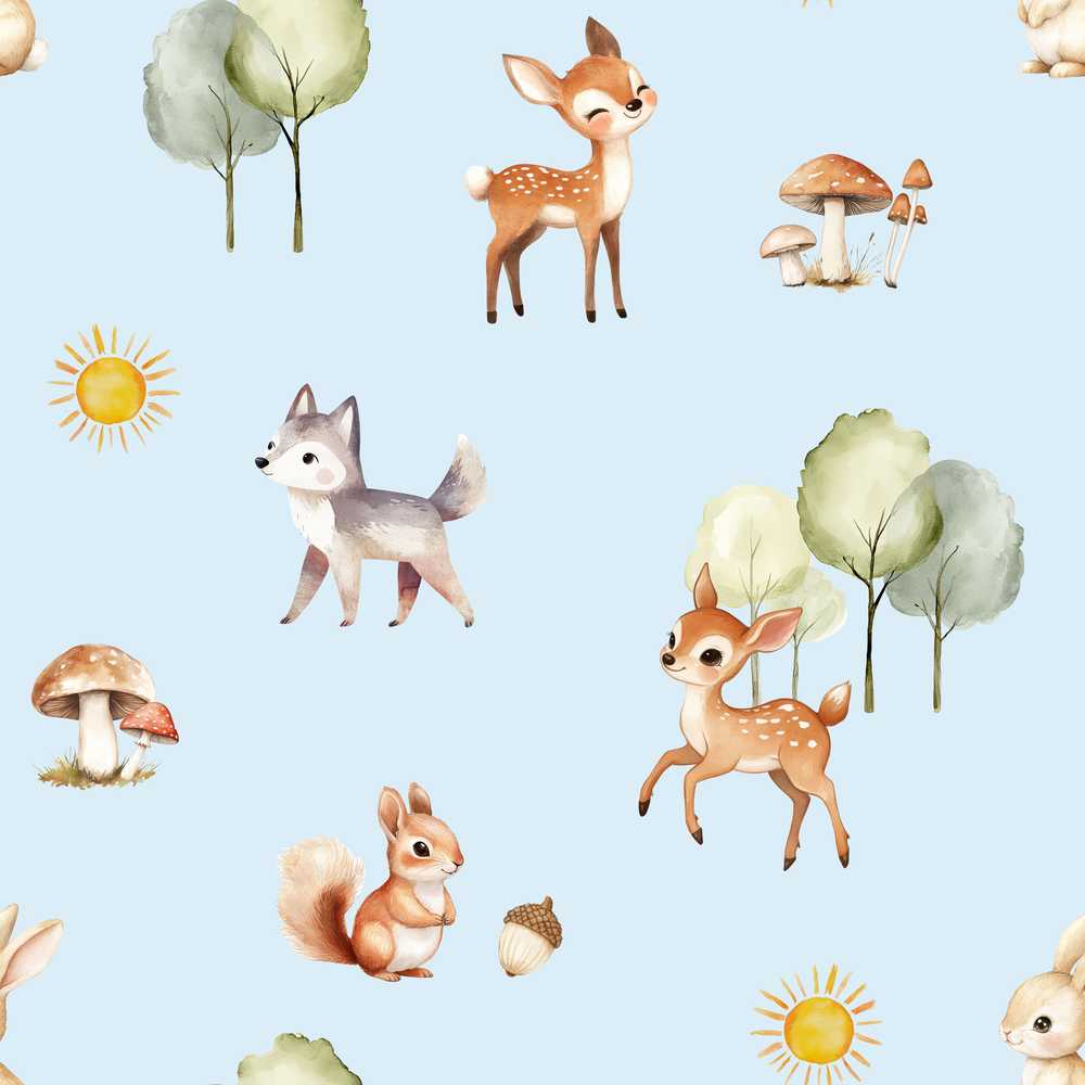 Woodland Deer Fox Squirrel Mushroom Forest Blue Illustration