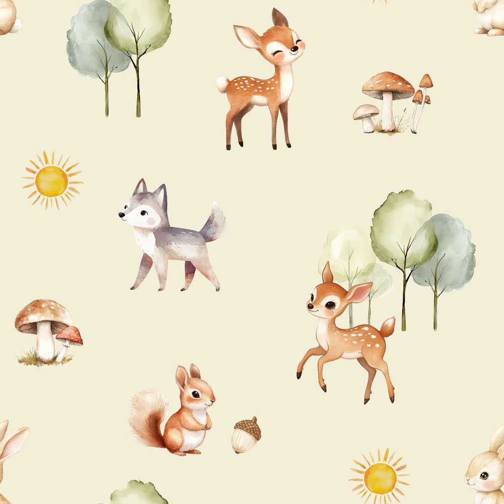 Woodland Deer Fox Squirrel Mushroom Forest Cream Illustration