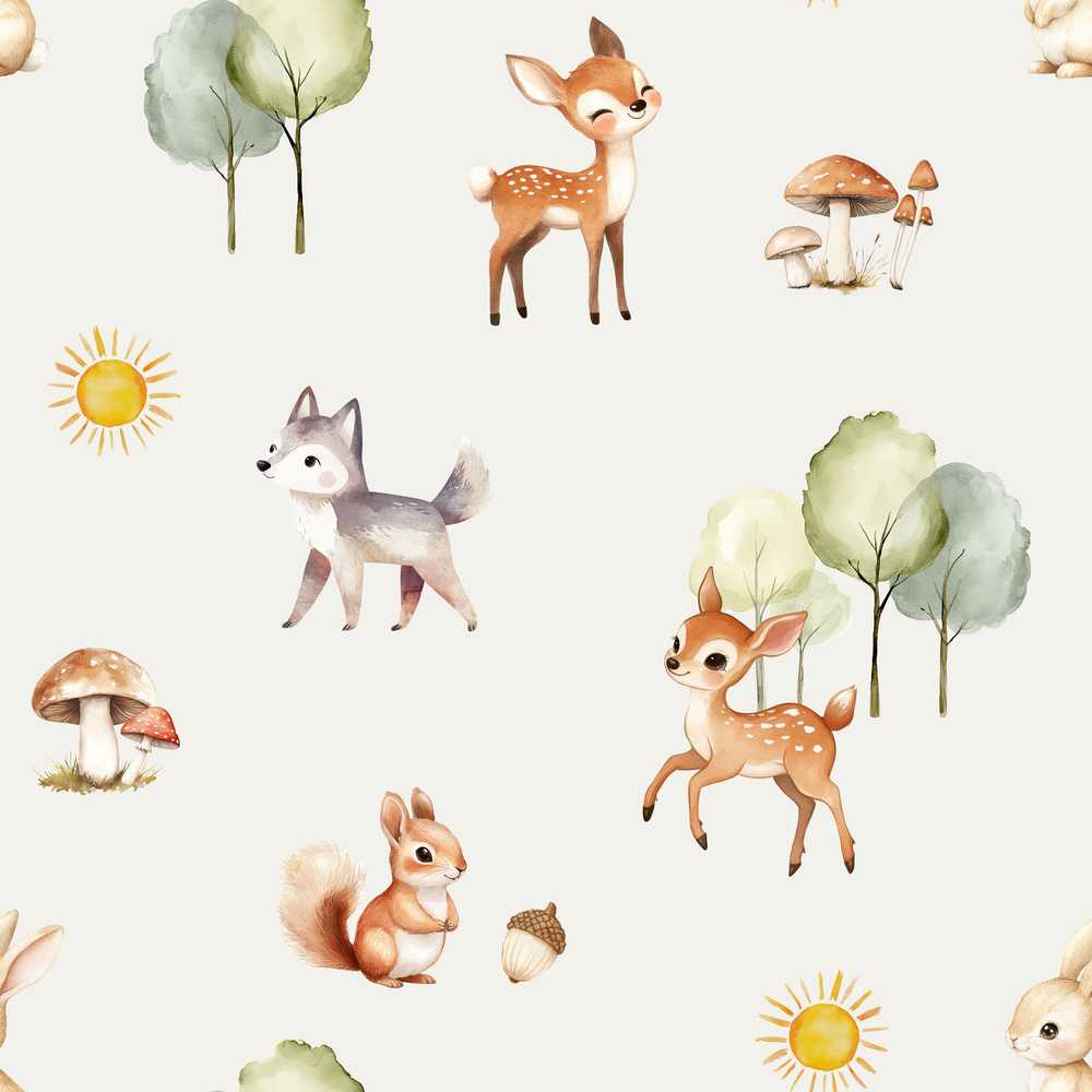 Woodland Deer Fox Squirrel Mushroom Forest Light Grey