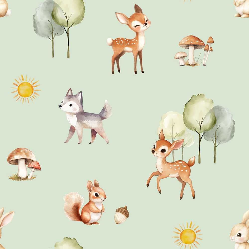 Woodland Deer Fox Squirrel Mushroom Forest Sage Green