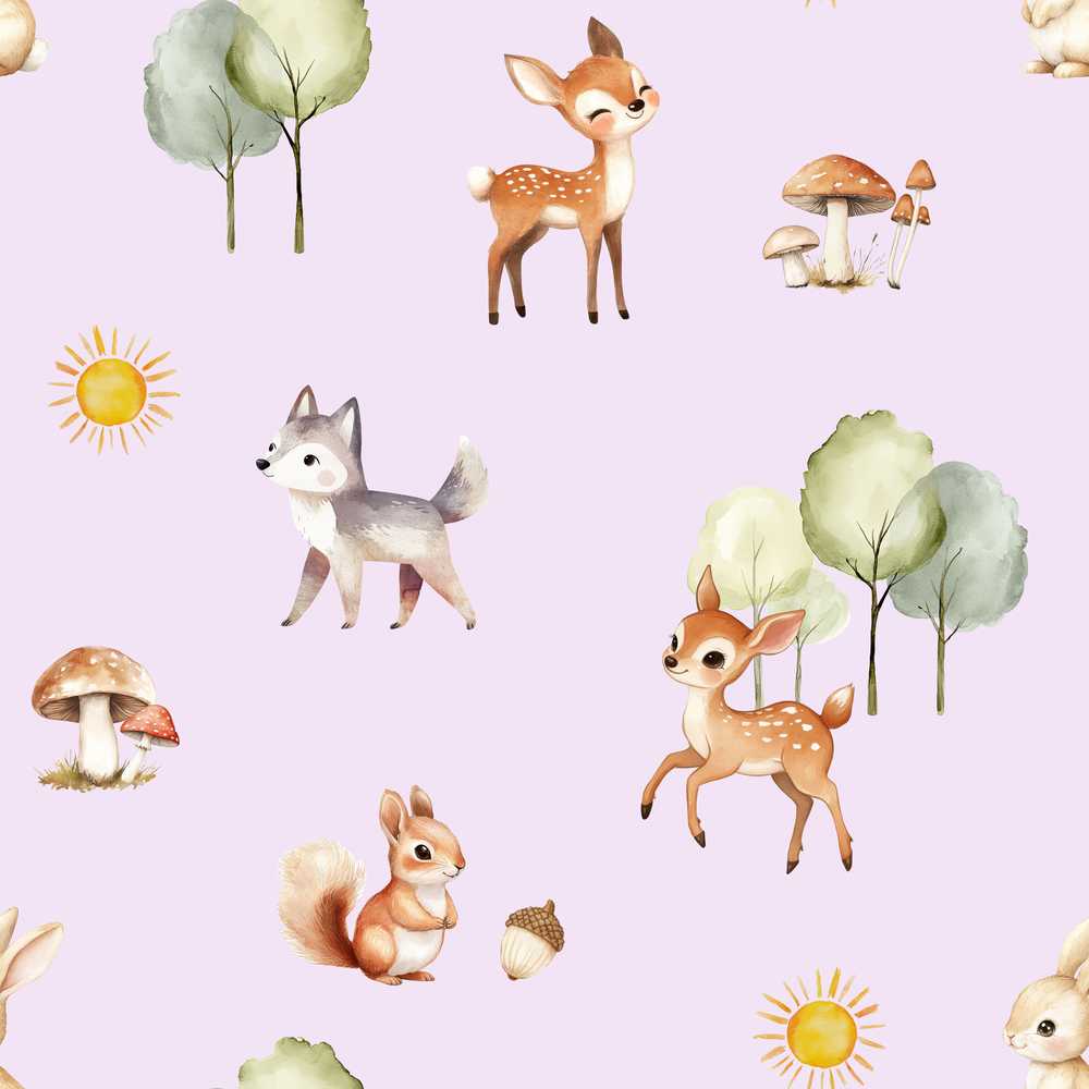 Woodland Deer Fox Squirrel Mushroom Forest Lavender Illustration