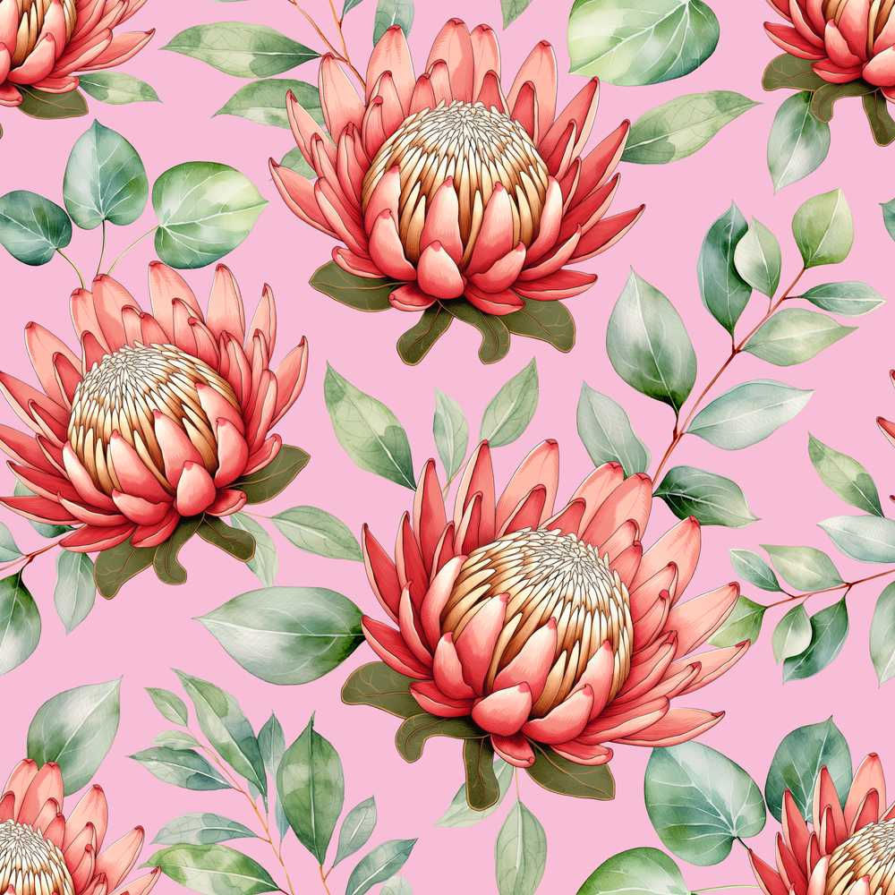 Tropical Protea Flowers Green Leaves Pink Background Wildflower Pattern