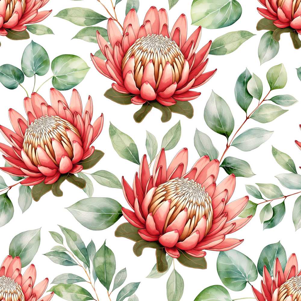 Tropical Protea Flowers Green Leaves White Background Wildflower Pattern