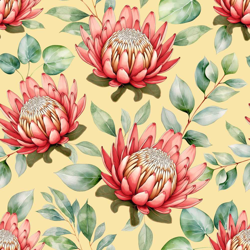 Tropical Protea Flowers Green Leaves Yellow Background Wildflower Pattern