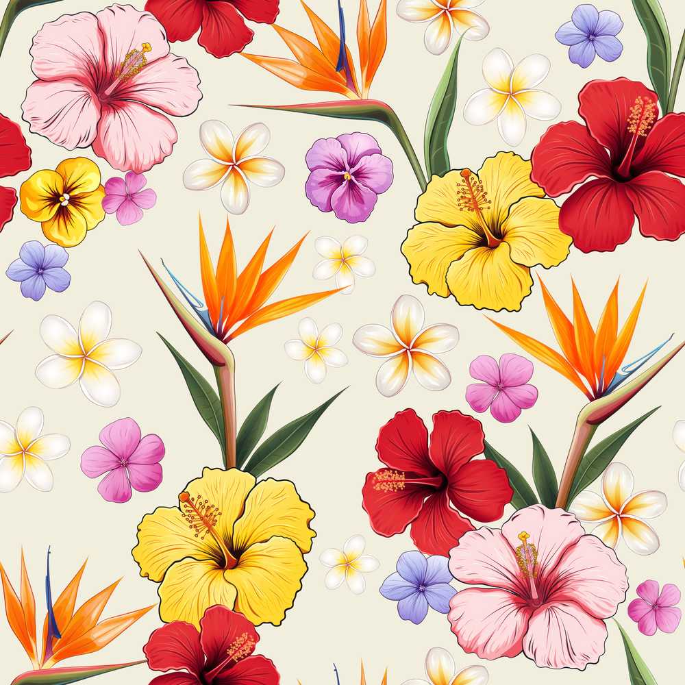 Tropical Hibiscus and Bird of Paradise Floral Cream Background