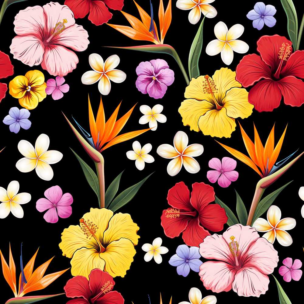 Tropical Hibiscus Bird of Paradise Floral Black Background Wildflower