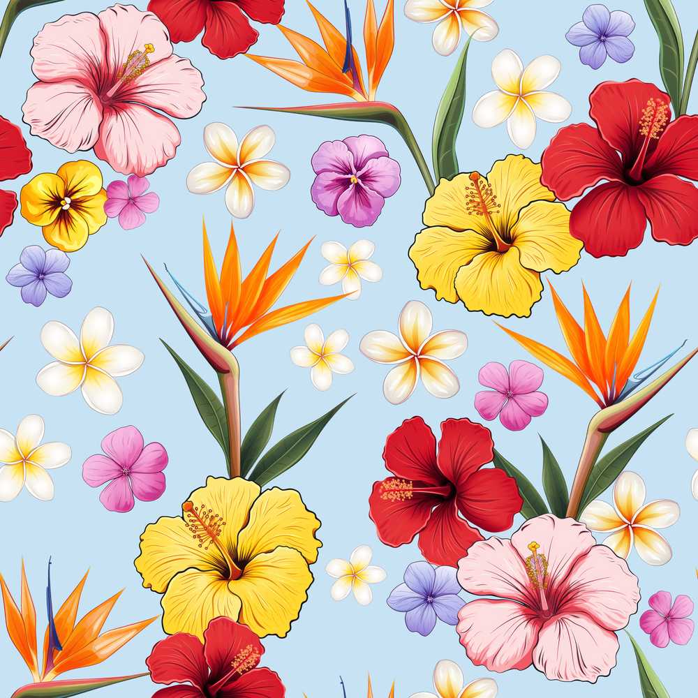 Tropical Hibiscus Bird of Paradise Floral Soft Blue Background