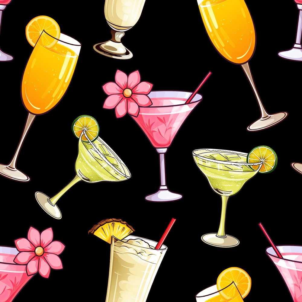 Tropical Cocktail Drinks Black Background Decorative Repeat Pattern