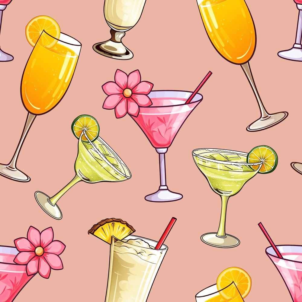 Tropical Cocktail Drinks Peach Background Decorative Repeat Pattern